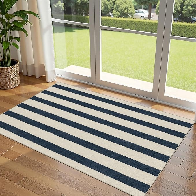 Blue and White Striped Entry Rug by Othilic