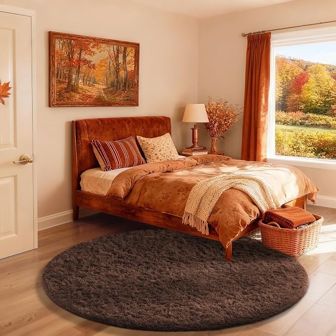 Ophanie Round Rug 4Ft Brown Circle Area Rug, Fluffy Fuzzy Small Bedroom Carpet by Ophanie