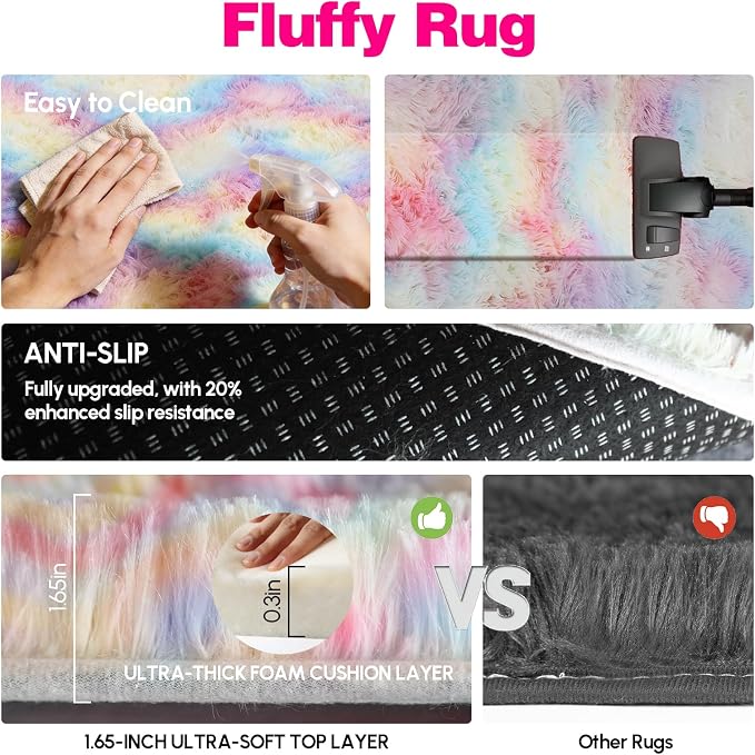 8x10 Area Rugs Living Room, Rainbow Large Plush Fluffy Bedroom Carpet, Non-Slip - Image 5