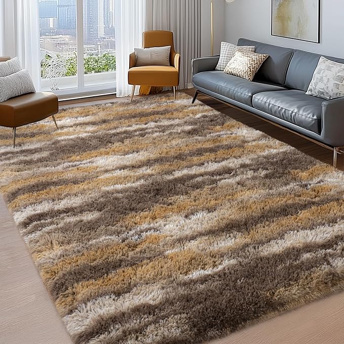 Shag Rugs for Living Room 8x10, Ultra Soft Abstract Brown Big Fuzzy Rugs for - Image 4