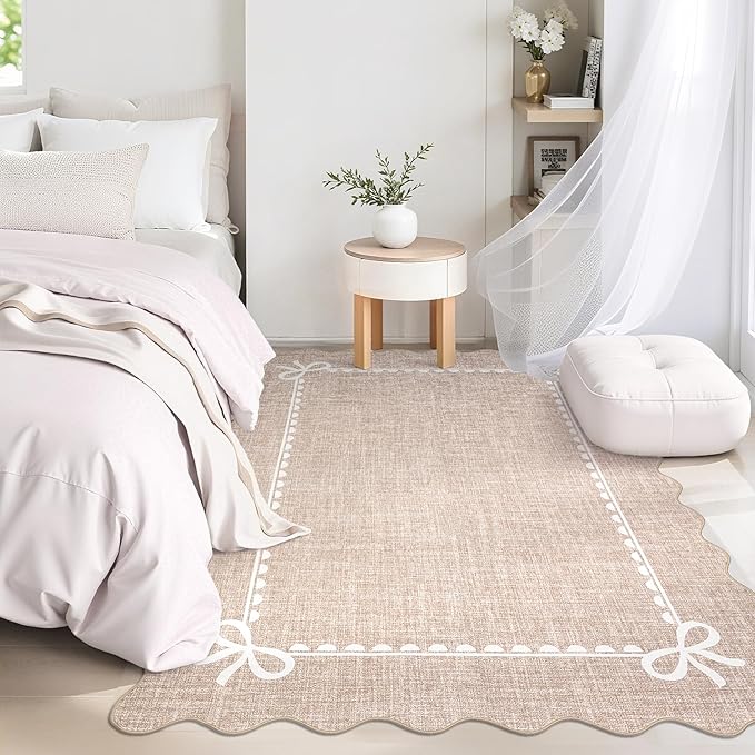 GarveeHome Scalloped Bow Rug for Living Room, Solid Camel Rug for Dorm - Image 2