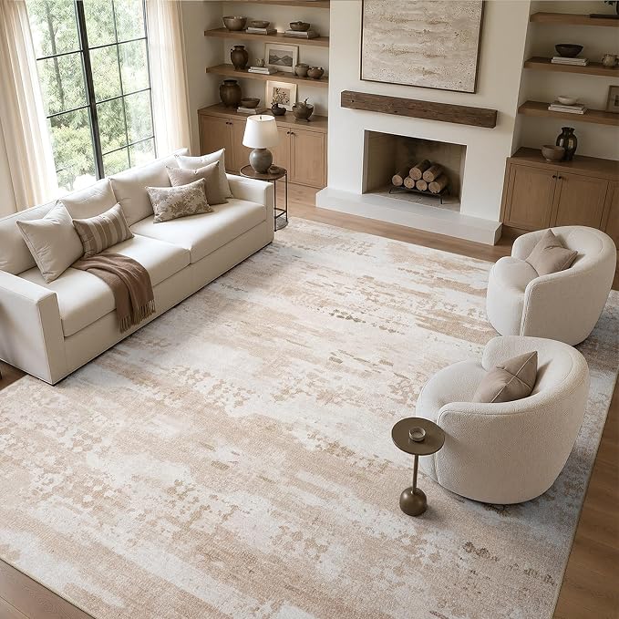 DCX Abstract Area Rug 8x10, Washable Beige Brown Modern Rug by DCXWashableRug