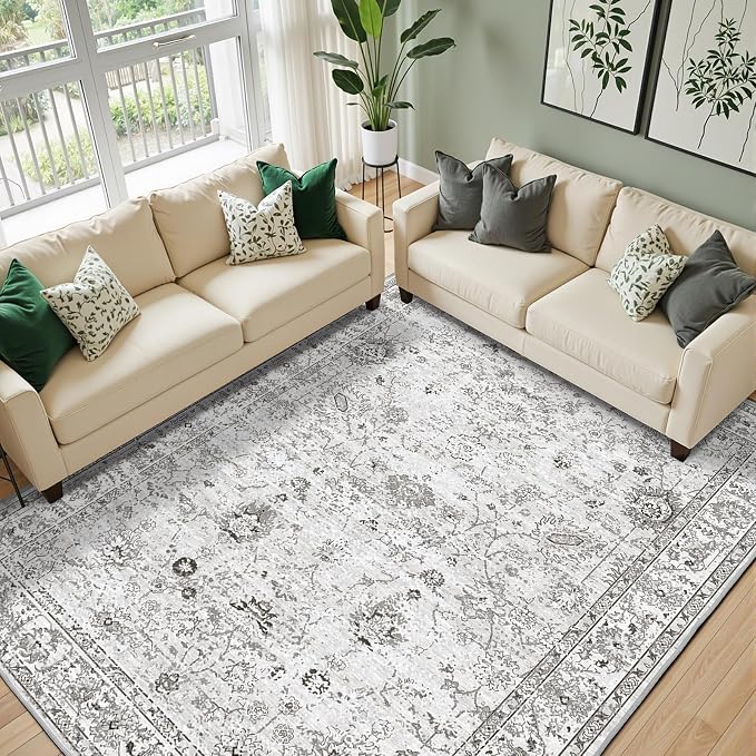 Floral Washable 6x9 Area Rug, Soft Grey White Bedroom Rug by WelcometoBabovid