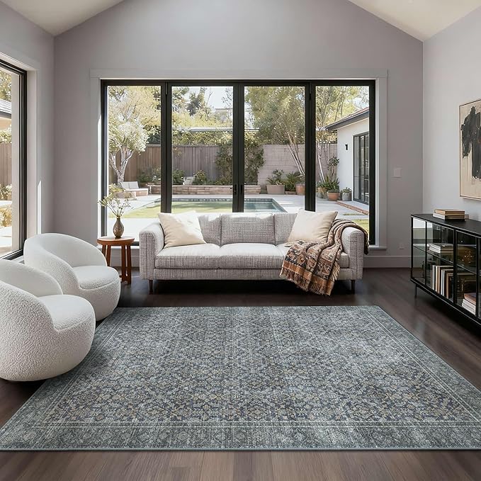 Latte&Fog 6x9 Area Rugs for Living Room, Large Vintage Blue Washable Rug by LatteFog