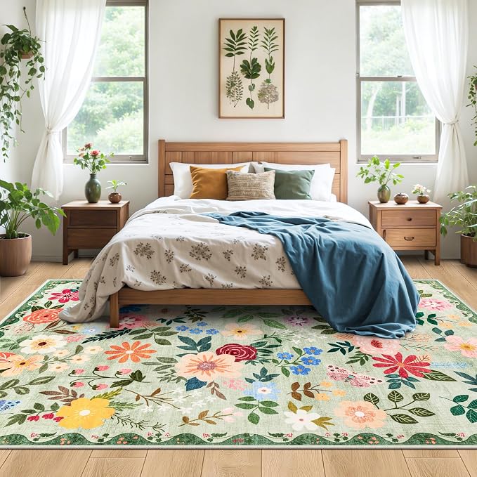 8x10 Area Rugs for Living Room: Floral Washable Rug Vintage Large Soft Boho - Image 3