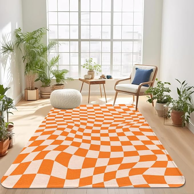 Orange Checkered Area Rug, Autumn Washable Area Rug 5x7 Large Rugs - Image 7