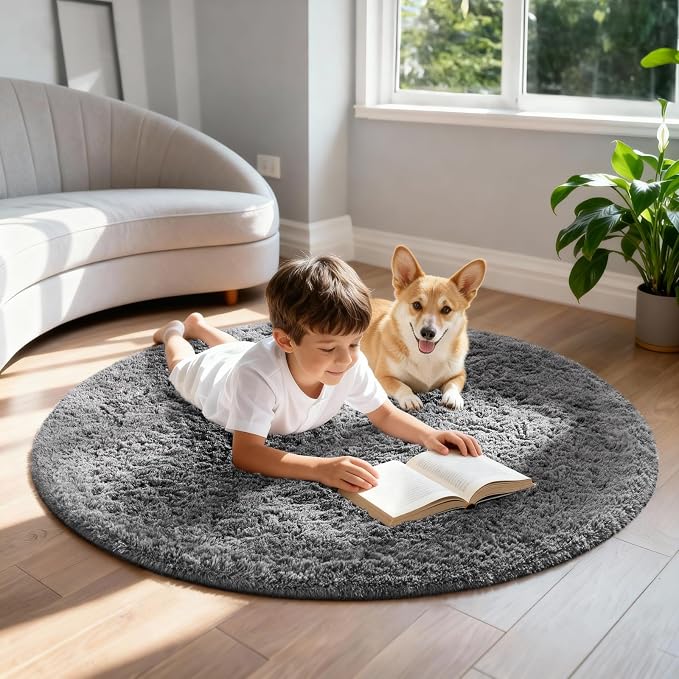 Ophanie Round Rug 4Ft Grey Circle Area Rugs, Fluffy Fuzzy Small Bedroom Carpet - Image 5