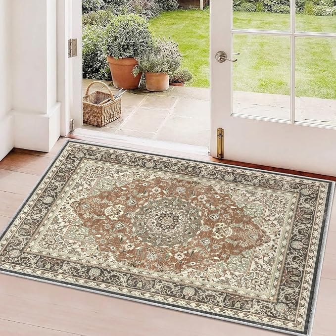 2x3 Rug for Entryway Hallway-Vintage Farmhouse Boho Floral Neutral Washable by Unknown