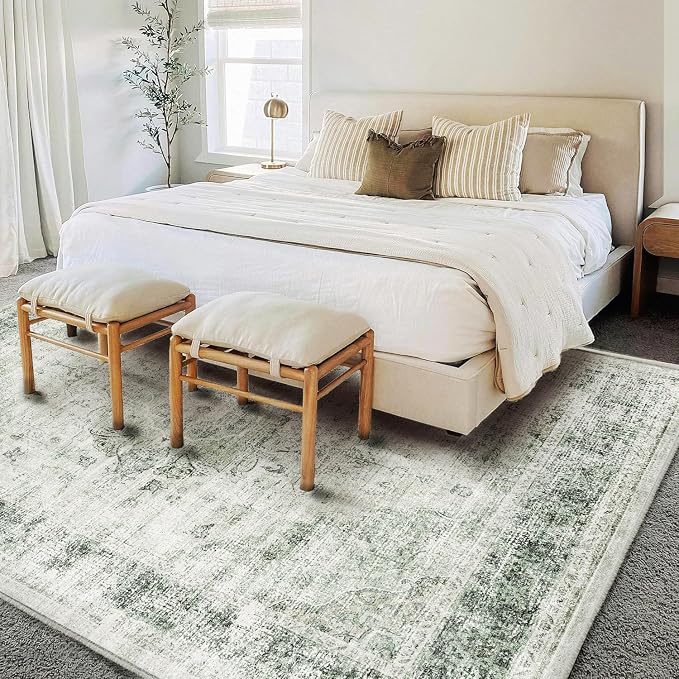 CHAMPLANT Washable Area Rug 8'x10' Floral Green Retro Boho Design Non-Shedding - Image 2
