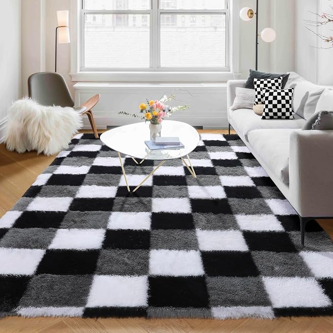 KICMOR Living Room Rugs 5x8, Fluffy Shag Fuzzy Plush Black White Grey Checkered by KICMOR