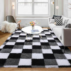 KICMOR Living Room Rugs 5x8, Fluffy Shag Fuzzy Plush Black White Grey Checkered by KICMOR