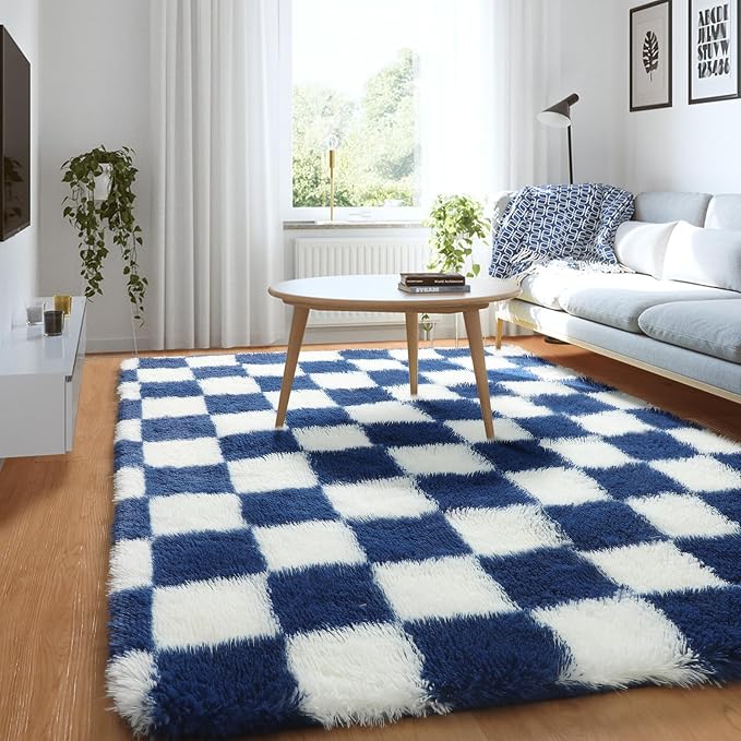 KICMOR Soft Fluffy Navy Blue and Cream White Area Rug by KICMOR