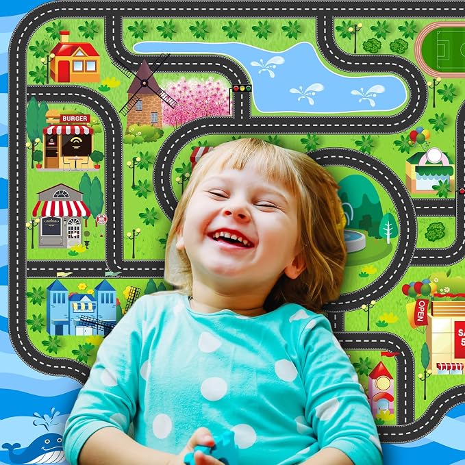 Kids Car Rug, 78.7" x 59" Road Map Floor Mat | Road map design, soft low-pile - Image 4