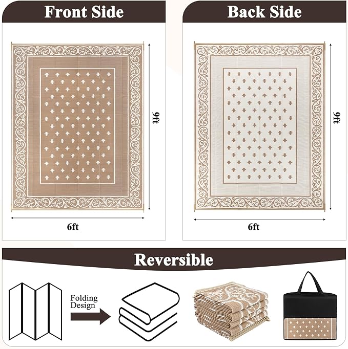 Pauwer Waterproof Outdoor Rug 6x9, Reversible Plastic Straw Patio Camping Rug - Image 2