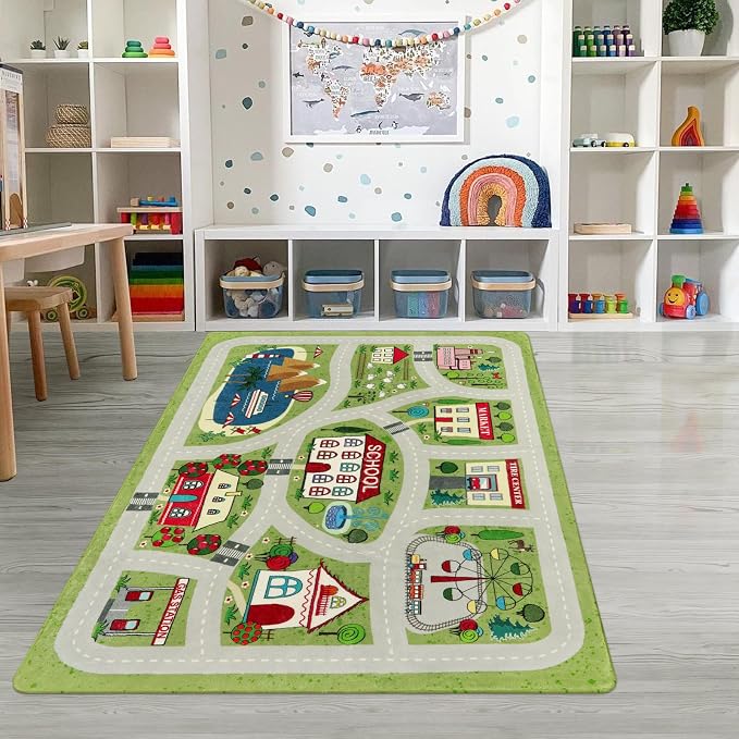 LIVEBOX Green Kids Playroom Rug, Non-Slip Soft Car Rugs Play Mat - Image 8