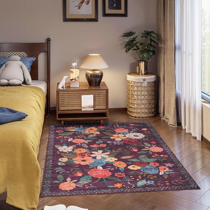 Area Rug 4x6 Rug Washable Boho Rugs Non Slip Low Pile Floral Small Carpet - Image 6