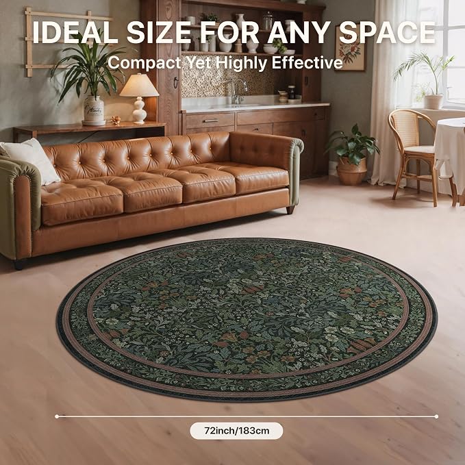 GENIMO Washable 6ft Circle Rug, Vintage Dark Green Floral Round Carpet - Image 6