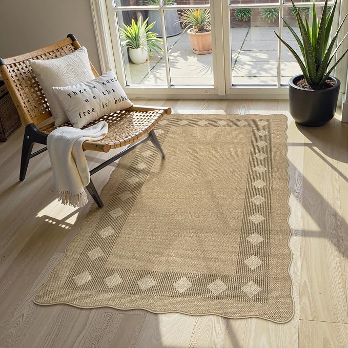 LIVEBOX Scalloped Easy Jute Diamond 3x5 Outdoor Rug, Washable Non-Slip Tan Rugs - Image 8