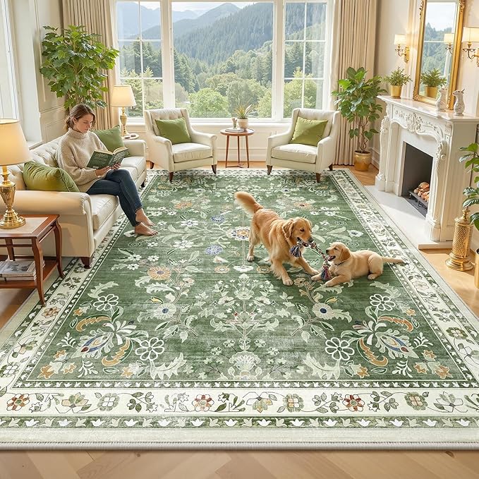 Yamaziot Washable Area Rug 9x12 – Large Non-Slip Boho Floral Living Room Rug by Yamaziot