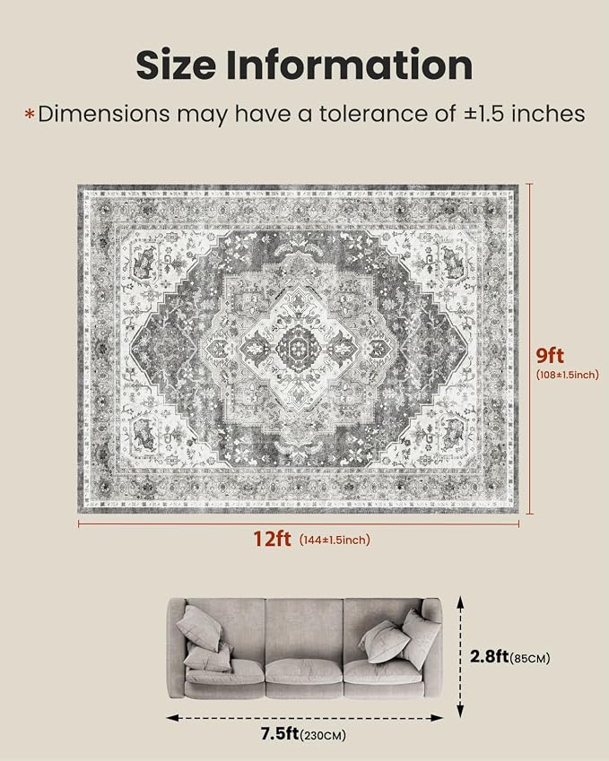 AMADA HOMEFURNISHING 9x12 Area Rug, Washable Low-Profile Large Area Rug - Image 2