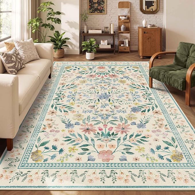 Rugxara Floral Rug for Living Room Bedroom, 6x9 Washable Rug, Vintage Boho Style by Rugxara