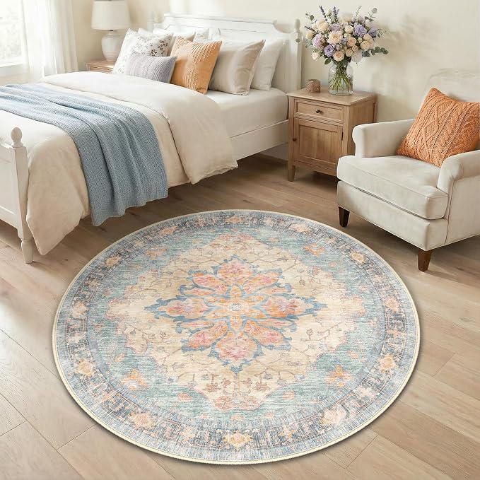 RELEANY Area Rugs Round 4ft Washable Non-Slip, Floral Vintage Distress by RELEANY