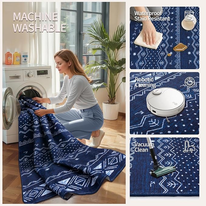 SERISSA 9x12 Area Rugs for Living Room, Washable Non-Slip Blue and White Boho - Image 3