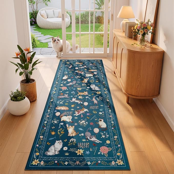Unirea 2.6x8 Dark Blue Cat Runner Rug, Washable Non Slip Botanical Rug by UNIREA