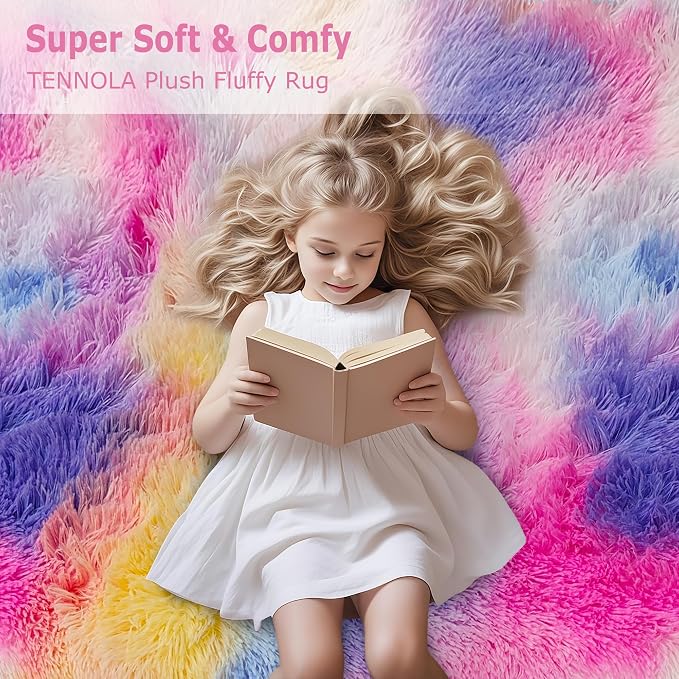 Soft Fluffy Pink Rainbow Rug for Girls Bedroom Carpet 2x8 Tie Dyed Shag Runner - Image 9