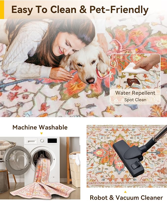 RELEANY Area Rugs 7'x10' Washable Non-Slip, Floral Vintage Distress Medallion - Image 4