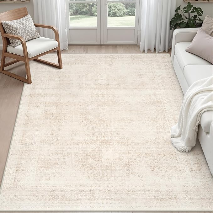 4x6 Area Rugs for Living Room: Vintage Boho Neutral Washable Rug Indoor Soft by Luxturiy