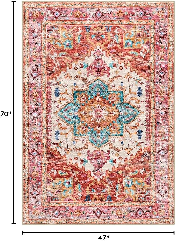 Yamaziot Washable Area Rug, 4x6 Non-Slip Boho Vintage Living Room Bedroom Rug - Image 2