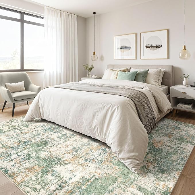 7x9 Area Rug Living Room: Washable Large Abstract Soft Green Rugs Stain - Image 4