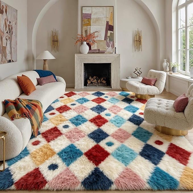 PureCozy Checkered Rug 8x10 Fluffy Shag Living Room Colorful Area Rug Modern by PureCozy