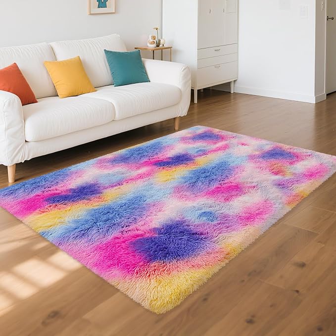 Rainbow Area Rugs 3x5 ft, Tie-Dyed Unicorn Fluffy Fuzzy Shaggy Carpet Soft - Image 2