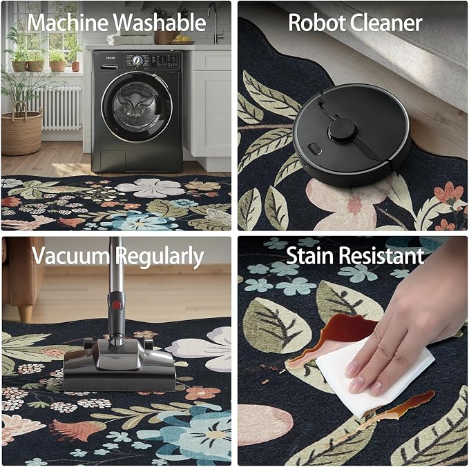 DCX Black Floral Rug 3x5, Washable Black Rug - Image 5