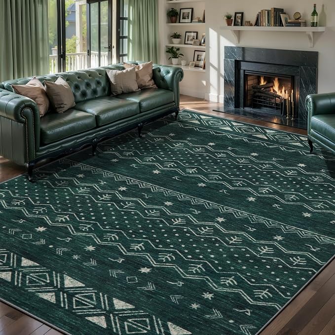 SERISSA 6x9 Area Rugs for Living Room, Washable Non-Slip Dark Green Boho Rug by SERISSAHomeDecorCollection