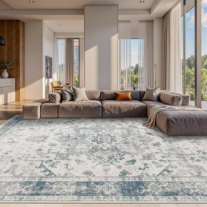 Rugxara 10x14 Extra Large Washable Area Rug, Soft Neutral Vintage Boho Rug - Image 2