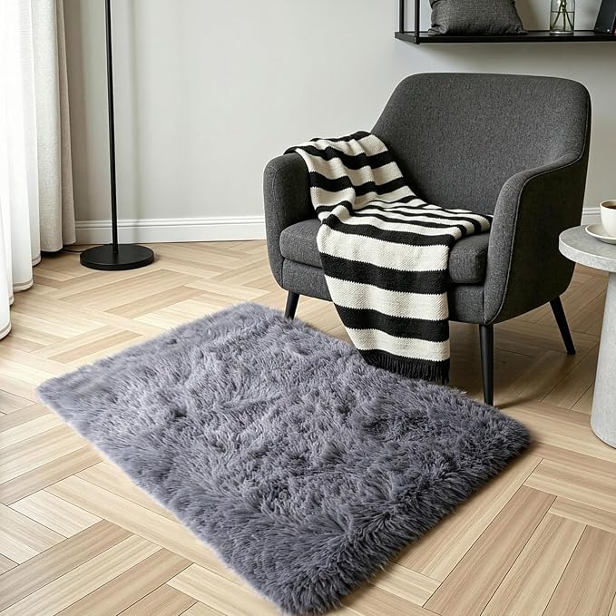 2x3 Grey Fluffy Shag Rug for Bedroom Soft Plush Fuzzy Washable Non Slip Carpet - Image 6