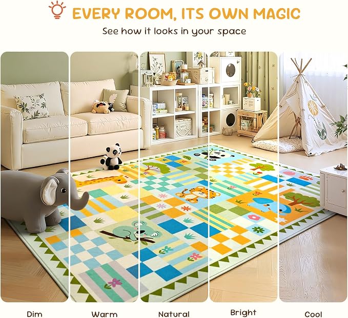 4x6 Washable Kid Playroom Rug, Unisex Green Safari Jungle Woodland Animal - Image 4
