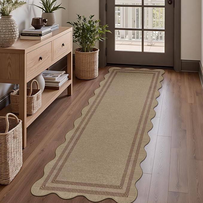 Scalloped Easy Jute 2x6 Kitchen Runner Rug, Washable Rugs by LORWER