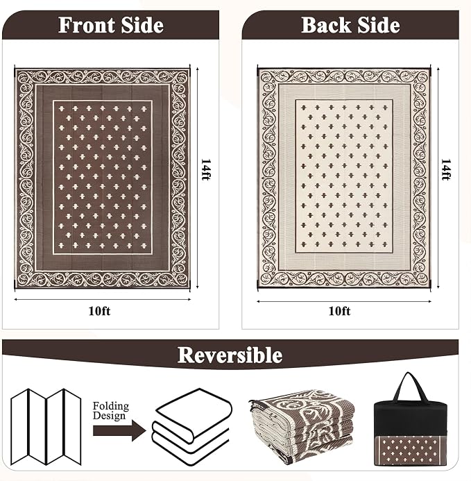 Pauwer Waterproof Outdoor Rug 10x14, Reversible Plastic Straw Patio Camping Rug - Image 2