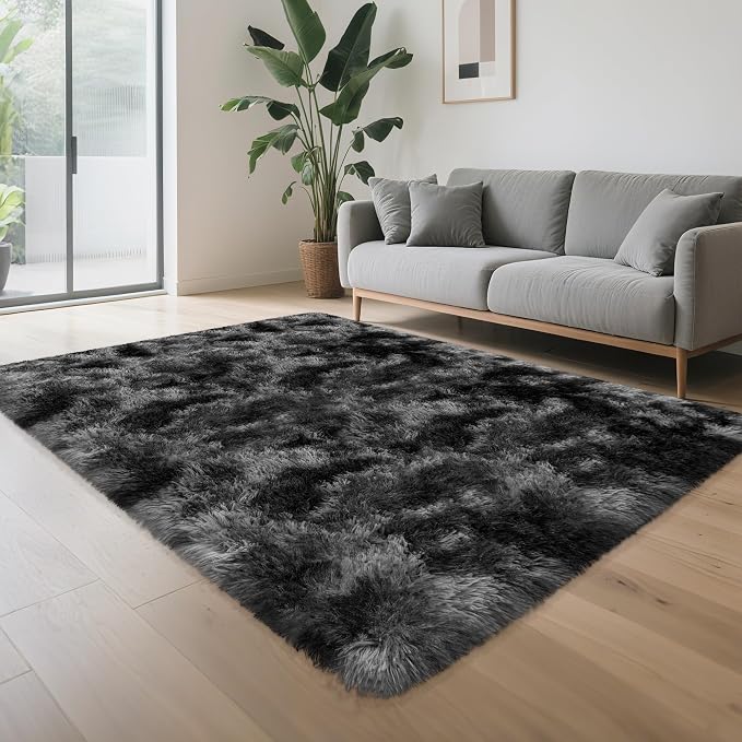 4x6 Dark Grey and Black Fluffy Rug by TENNOLA