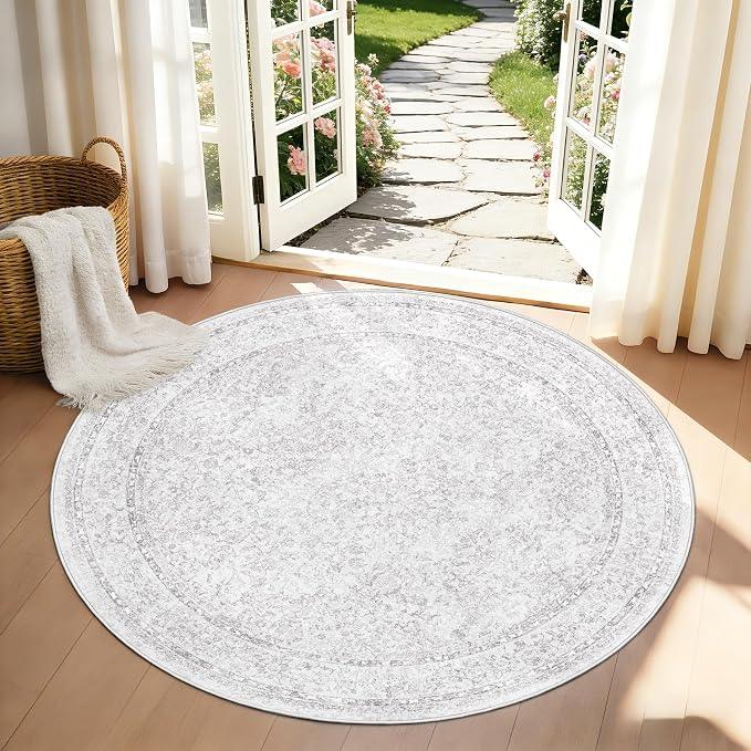 Round Rugs 4ft Vintage Floral Small Circle Rug, Washable Non Slip Soft Low Pile by LOSBULAKE