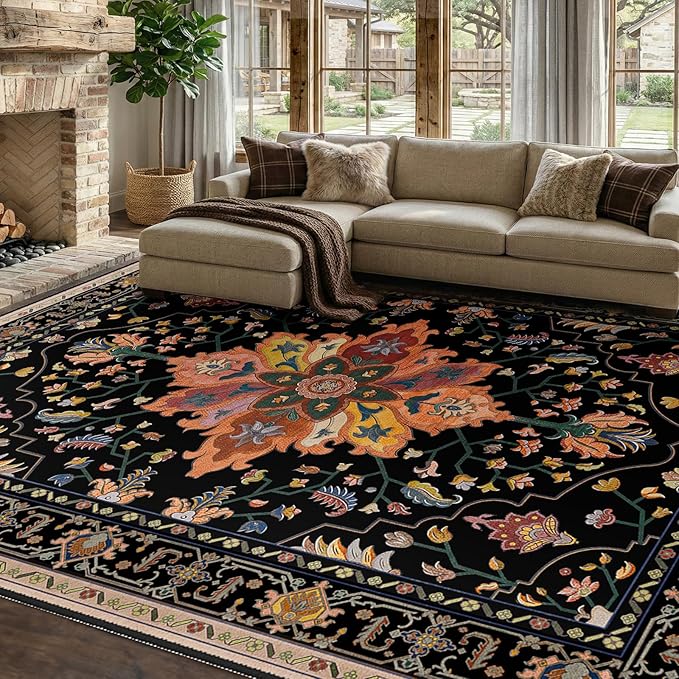 RELEANY Area Rugs 7'x9' Washable Non-Slip, Floral Vintage Distress Medallion by RELEANY