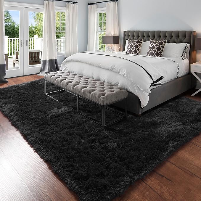Amdrebio Black Fluffy Large Living Room Rugs, 6x9 Rug, Furry Area Rug - Image 3