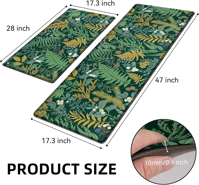 Dark Green Botanical Kitchen Rugs Set of 2 Plant Leaf Anti-Fatigue Kitchen Mat - Image 2