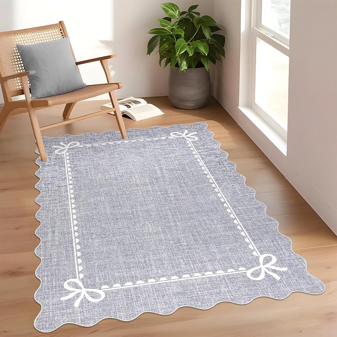 GarveeHome Scalloped Bow Rug for Living Room, Solid Grey Rug for Dorm, Washable by GarveeHome