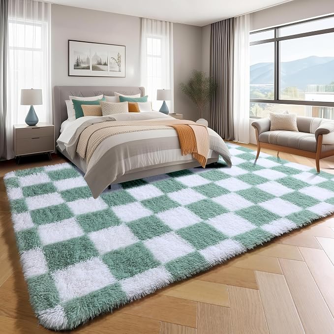 KICMOR Fluffy Sage Green and White Rugs Living Room Carpet, 5x7 Large Fuzzy - Image 3