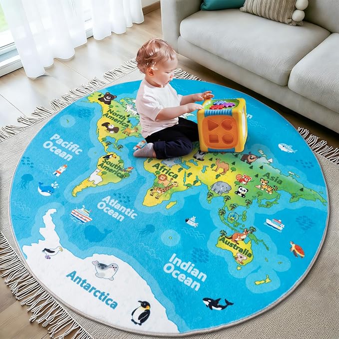 Kids Playroom Rug, 4x4ft Round World Map Play Mat - Image 4